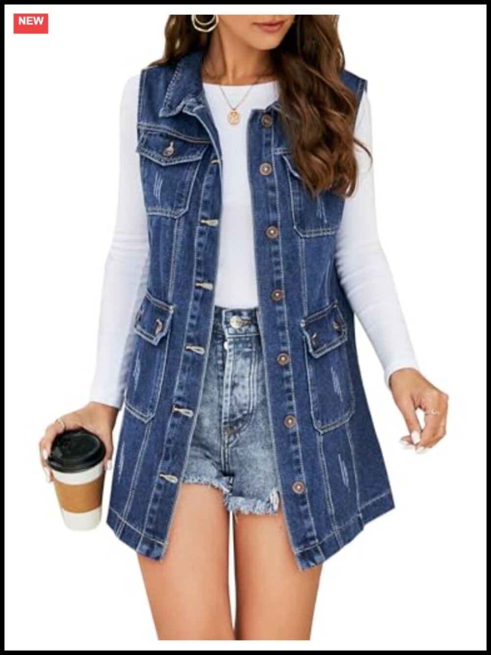 Womens Casual Button Up Sleeveless Denim Jean Mid Long Vest Gilet Jacket